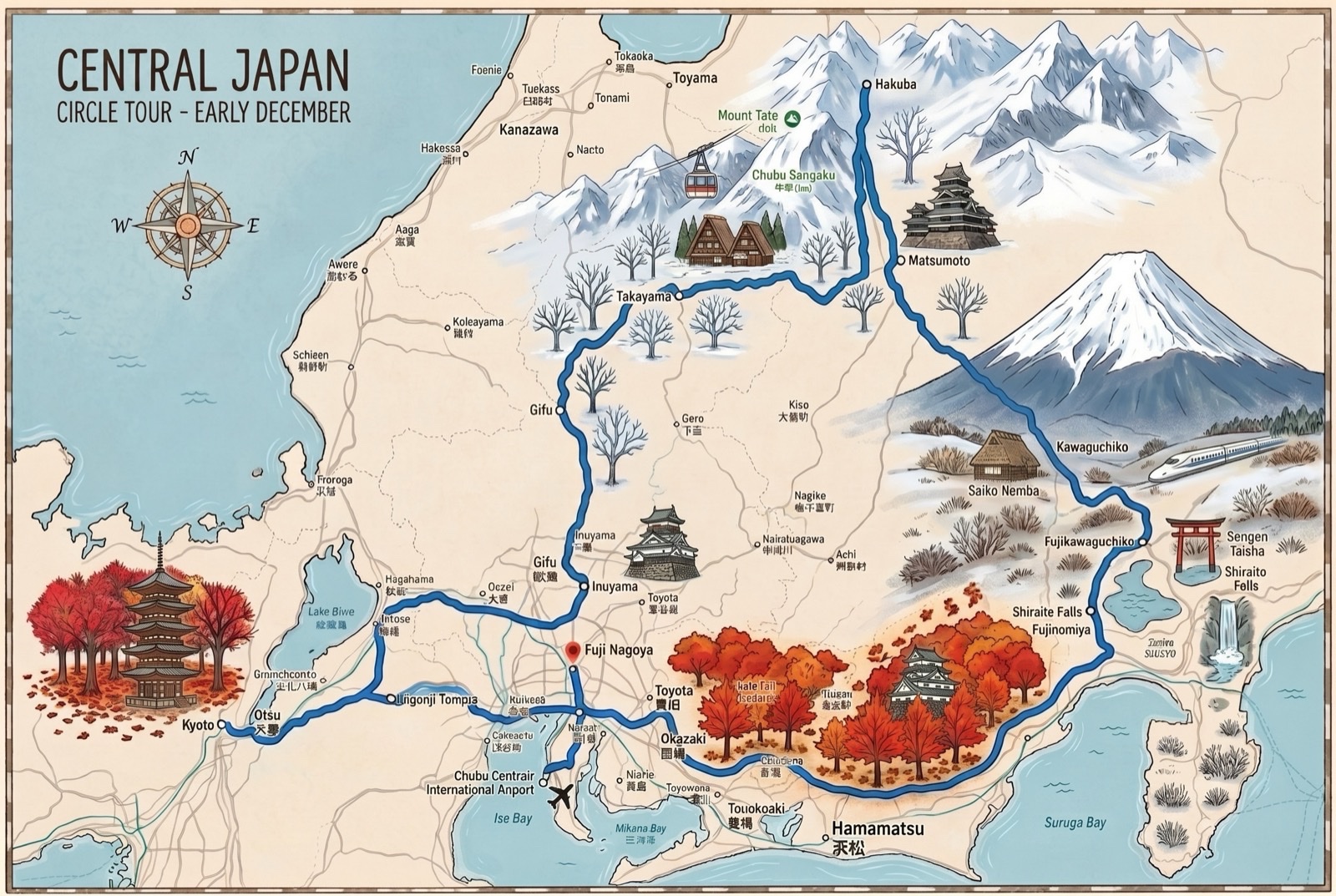 แผนที่ภาพรวมเส้นทางขับรถตลอด 9 วัน Central Japan Road Trip (NGO - Shiga - Kyoto - Inuyama - Takayama - Hakuba - Fuji - Hamamatsu - Nagoya)